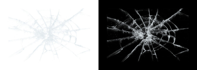 Fototapeta premium Cracked glass shattered window pane on black and white backgrounds