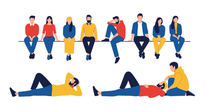 A diverse group of people depicted in a flat, illustrative style, sitting and lying down in various poses.