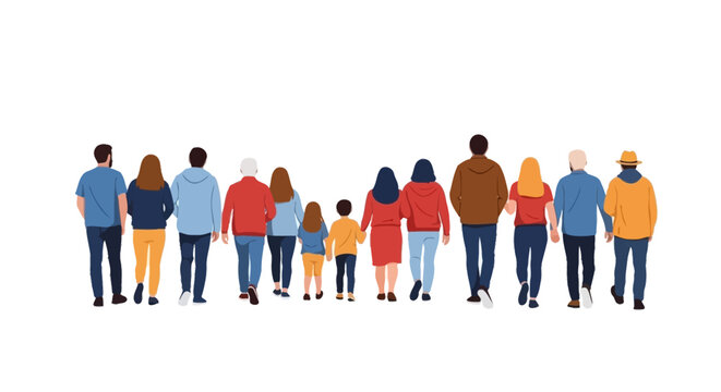 A diverse group of people of various ages and genders walking away from the camera.