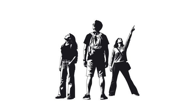 Three people, two women and one man, stand together looking upwards, with one woman pointing.