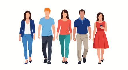 Fototapeta premium A diverse group of five casually dressed men and women walking forward together against a white background.