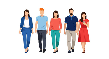 Fototapeta premium A diverse group of five young adults walking forward together, showcasing casual modern fashion.