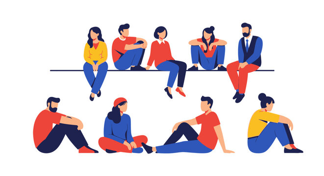 A diverse group of casually dressed people sitting on a ledge and on the ground, depicted in a flat, modern illustration style.