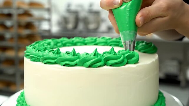 Skilled hands pipe vibrant green frosting onto a white cake, creating an elegant border. Perfect for bakery advertisements, holiday celebrations, dessert tutorials, or party planning visuals.
