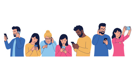 A diverse group of people of various ages and ethnicities are engrossed in their smartphones, illustrating modern digital connectivity.