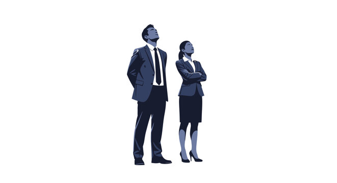 A man and a woman in business attire stand side-by-side, looking upwards with their heads tilted back.