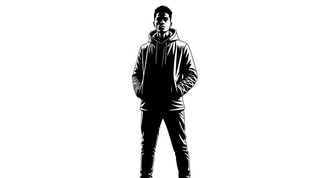 A striking black and white illustration of a young man standing confidently with his hands in his hoodie pockets.