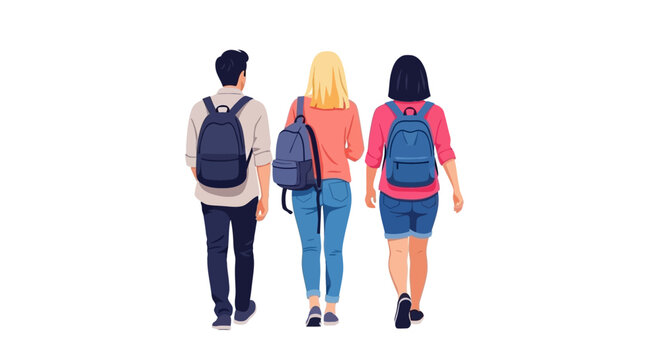 Three young students with backpacks walking away from the camera, representing education and friendship.