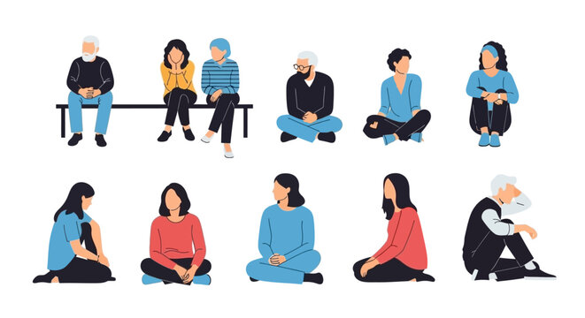 A diverse group of people of various ages and ethnicities are depicted sitting in different poses, illustrating a range of emotions and social interactions.