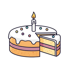 A cartoon illustration of a birthday cake with a lit candle and a slice cut out