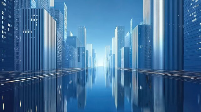 A futuristic cityscape with glowing skyscrapers and digital grid lines extending into the horizon under a dark, starless sky.