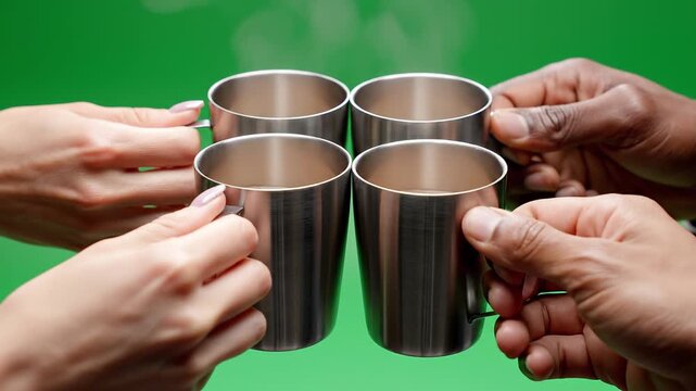 Four hands hold stainless steel cups with reflective surfaces, clinking together against a vibrant green background