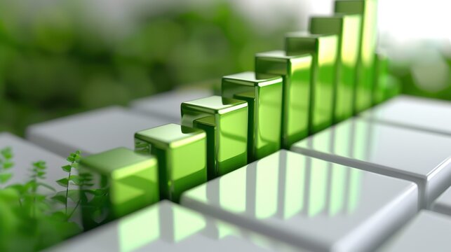 Modern Green Growth Bars on White Surface with Nature Elements in the Background for Business Concepts and Environmental Themes