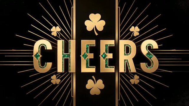 'Cheers' text in elegant gold Art Deco style with green inlay and sparkling shamrocks on a black background, perfect for St. Patrick's Day celebrations, Irish themed events, toasts,