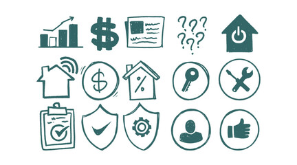 Doodle Icon Collection Set Illustration. Hand Drawn Minimalist Bundle of Business Security and Home Symbols for Graphic Design.