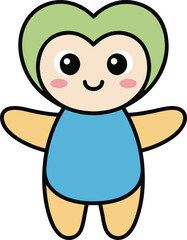 Fototapeta premium Adorable cartoon character with heart-shaped green hair and blue outfit, smiling with open arms.