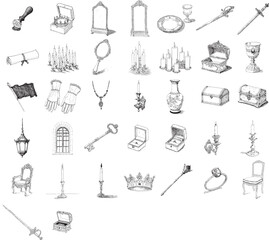 Hand Drawn Royal and Medieval Fantasy Objects Sketch Collection
