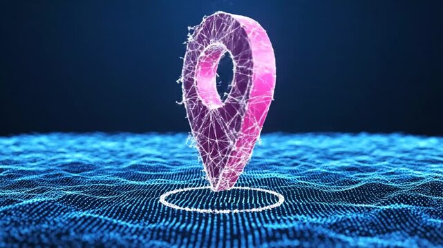 Pink digital location pin icon on a futuristic blue wavy data surface
