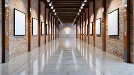 Modern Art Gallery Interior with Empty Frames and Industrial Brick Walls in a Spacious Exhibition Space
