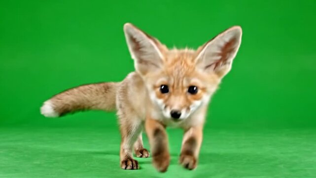 A small fennec fox with large ears walking forward on a vibrant green screen background in a studio setting.