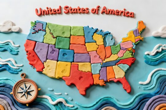 Map of United States of America in Clay Style, 3D USA Map, Colorful Cute Clay Geography Illustration, Polymer Clay Texture, Cartoon Style US Map