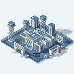 Isometric illustration of an industrial facility with various buildings and infrastructure.