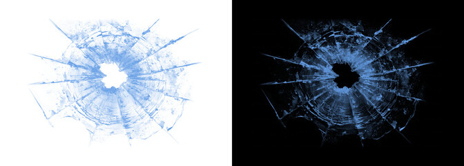 Obraz premium Shattered glass bullet holes on white and black backgrounds