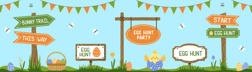 Fototapeta premium Set of Egg search signs, chick, basket, flag pennant colored eggs for Easter Egg Hunt. Vector illustration templates for Easter festive celebration