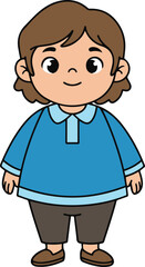 Obraz premium Cute cartoon child standing in front view, wearing a blue long-sleeve shirt and brown pants.