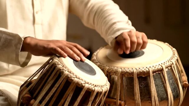 Man playing traditional Indian tabla drums with skilled hands.