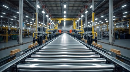 Fototapeta premium Industrial Stillness: The Gleaming Path of a Paused Assembly Line within the Immaculate Warehouse