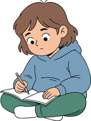 Cute cartoon child sitting on the floor and writing in a notebook, wearing a blue hoodie and green pants.