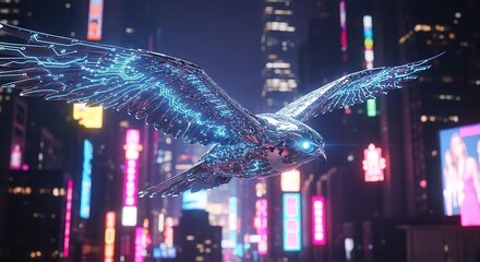 Obraz premium Cyber Falcon Above Neon Metropolis