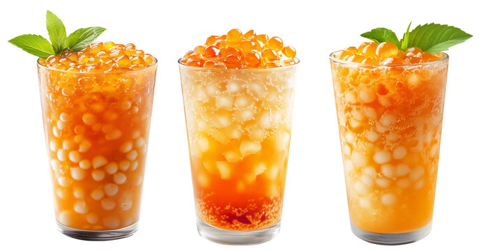 Orange bubble tea Filipino Sagot Gulaman filled with tapioca pearls and topped with mint, isolated on white background.