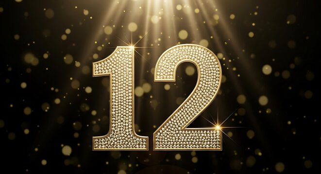 Golden, jewel-encrusted number "12" against a dark background with light rays & bokeh