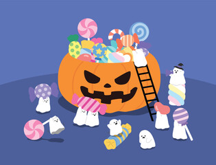 Fototapeta premium Cute little ghosts gathering colorful candies in a giant jack-o-lantern
