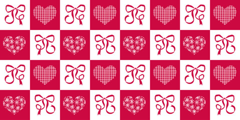 Naklejka premium Seamless pattern with coquette pink satin bows and hearts for Valentine's day. Romantic vector checkered background