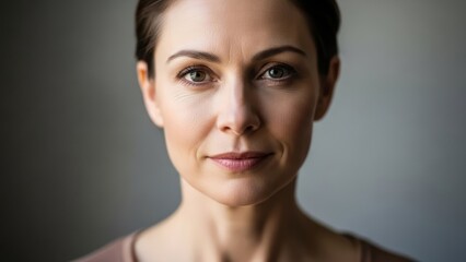 Fototapeta premium Candid portrait of caucasian woman with minimal makeup. Healthcare awareness and wellness concept for World Cancer Day.