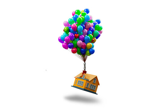 Flying house with colorful balloons in the sky 3d