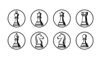 Circular Badge Style Vector Chess Pieces Set on White Background © MstMinara