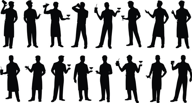 Bartender silhouette set with men holding cocktails, wine glasses and shakers in various serving poses isolated on white background vector illustration