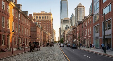 Obraz premium Historic Philadelphia street with horse-drawn carriages blends with modern city life.