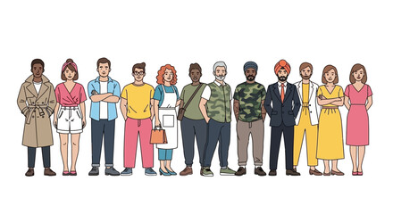 Fototapeta premium A diverse group of people of various ethnicities, ages, and professions standing together in a line.