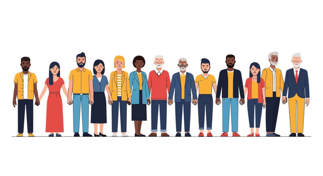 A diverse group of people of various ages, genders, and ethnicities standing together in a line.