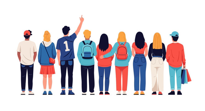 A diverse group of young people standing together, viewed from behind, showcasing casual fashion and backpacks.