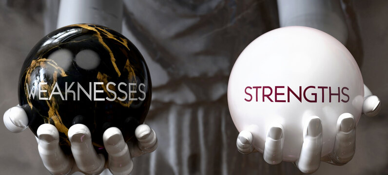 Weaknesses or Strengths - decide between two options. Greek statue presenting a choice: weaknesses or strengths, weighing their values. Looking at pros and cons.  ,3d illustration