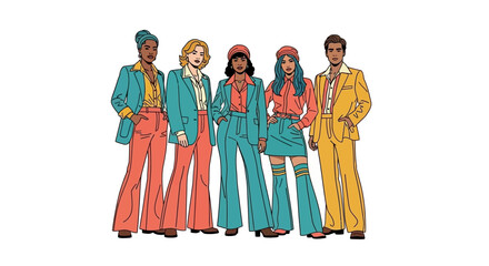 A diverse group of five people dressed in vibrant 1970s fashion, posing together.