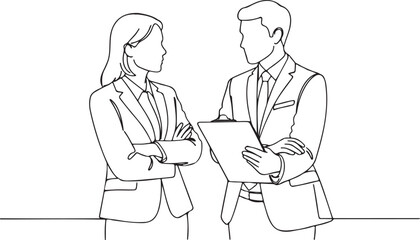 Obraz premium Continuous line of two business people discussing a document.