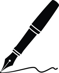 Naklejka premium Black silhouette illustration of fountain pen drawing wavy line, symbolizing writing, creativity, communication, literature, artistic expression, vector design