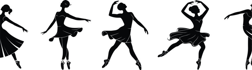Five Black Silhouettes of Ballet Dancers in Various Poses on White Background woman female © Alifa